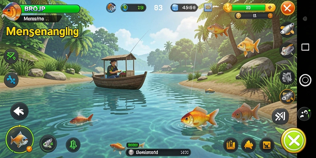 Tampilan gameplay BROJP dengan aksi memancing seru.
