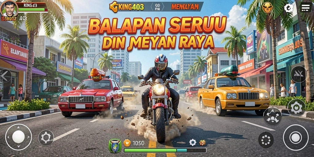 Screenshot gameplay KING403 menampilkan mobil balap di lintasan menegangkan.