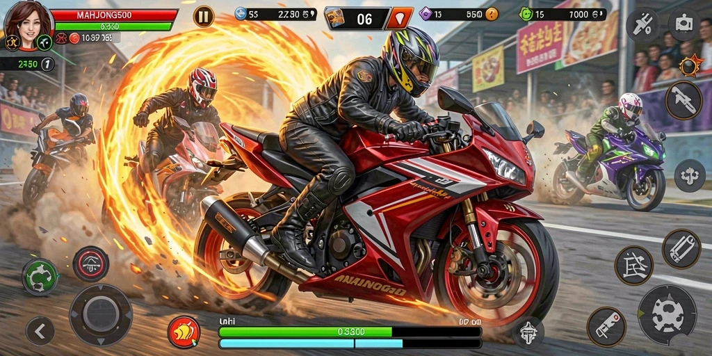 Screenshot gameplay menampilkan balapan motor yang mendebarkan.