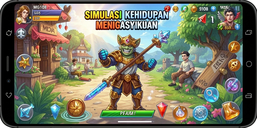 Tampilan gameplay <strong>MG108</strong>, menampilkan dunia simulasi yang kaya.