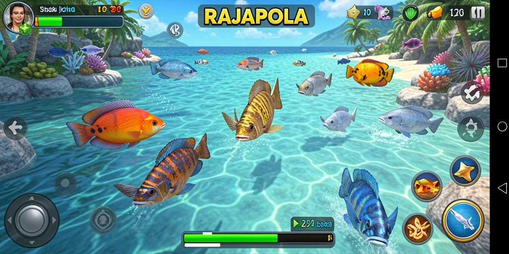 Tampilan gameplay seru RAJAPOLA dengan aksi tembak ikan.