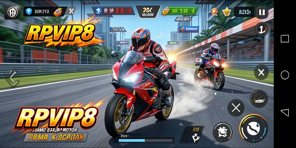 Tampilan gameplay yang penuh aksi dalam RPVIP8 dengan balapan motor yang menegangkan.