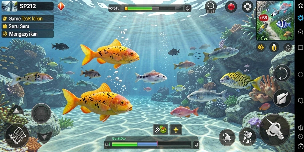 Tangkapan layar gameplay SP212 dengan berbagai ikan berwarna-warni.