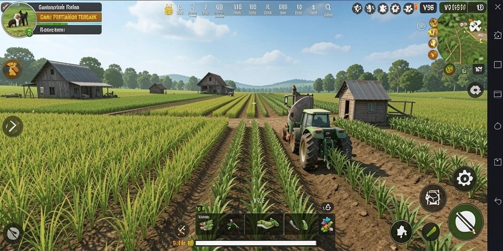 Tampilan gameplay V98 yang memukau dengan pertanian yang aktif.