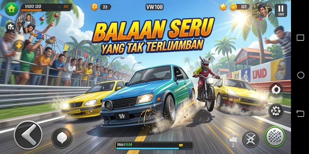 Screenshot gameplay VW108 menampilkan balapan yang seru dan grafis yang menakjubkan.